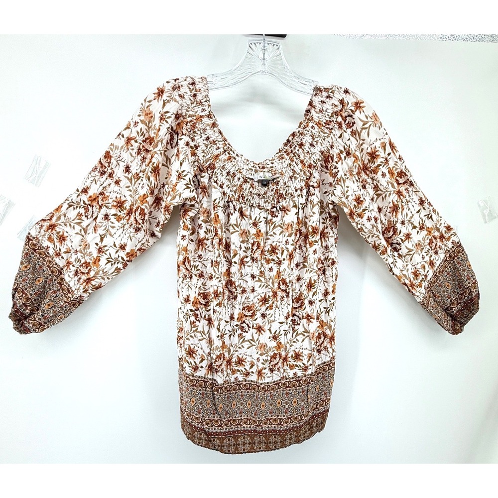 Wild Moss Floral Paisley Peasant Blouse Brown Rust Off Shoulder Top Medium